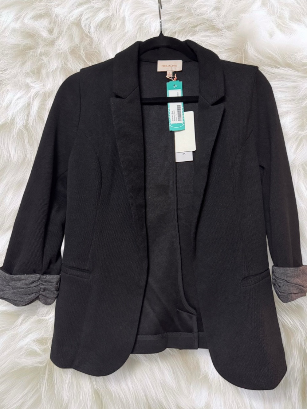 Skies Are Blue Black Open-Front Blazer with Rolled Gray Cuffs
